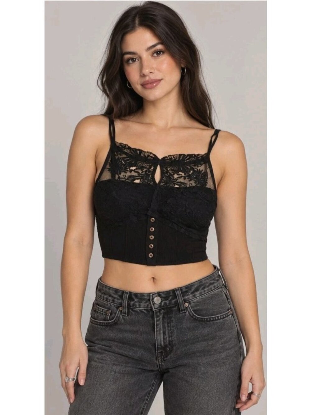 Free People Have My Heart Cropped Lace Tank Top Size XS Black